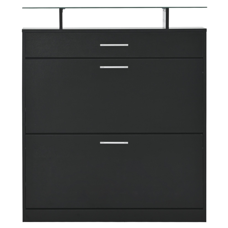 Shoe Cabinet with 2 Flip Drawers and Adjustable Shoe Storage, Tempered Glass Top, LED Light, 35" L x 9.5" W x 41" H, Black