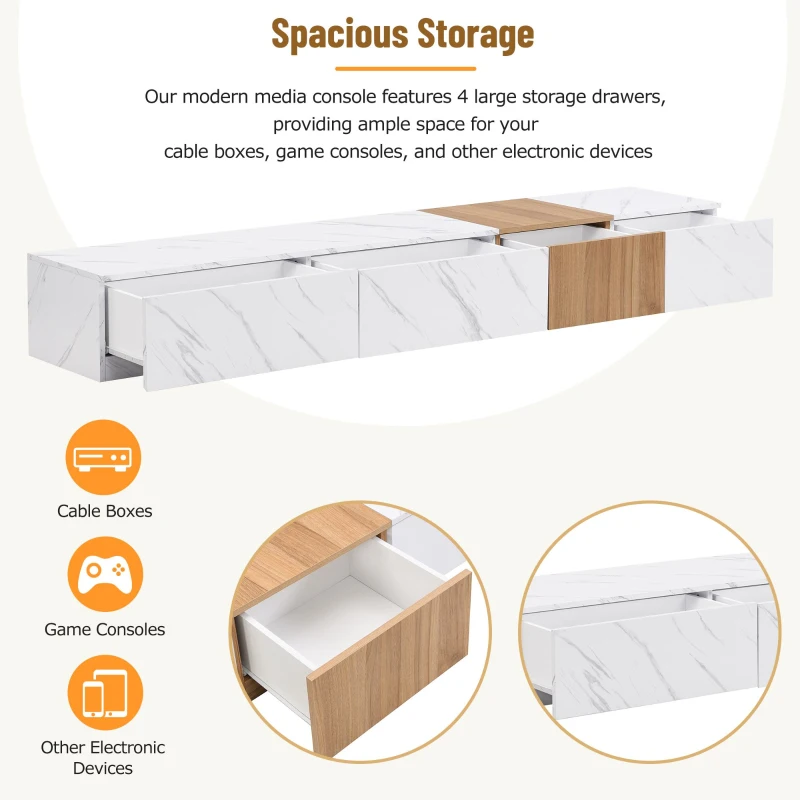 Vinsetto TV Stand with Faux Marble and Walnut Finish, Modular Entertainment Center for TVs up to 88", 4 Storage Drawers, White