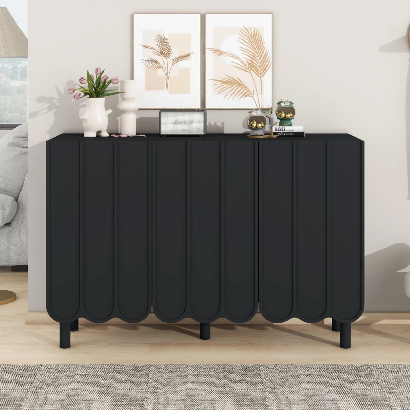 Minimalist Storage Shoe Cabinet with Adjustable Shelves, Solid Wood Legs, and Wave Doors, 47" L x 13.5" W x 31.5" H, Black