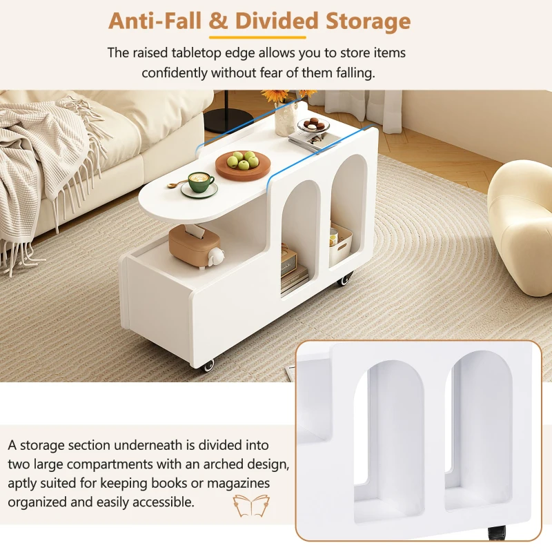 Mobile Multi-Layer Storage End Table with Lockable Wheels, Cream Style Side Table, 12" Narrow Nightstand, 31.5" L x 12" W x 21.5" H, White