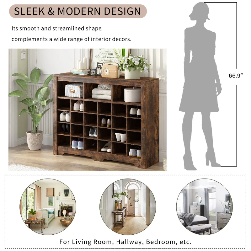 Modern Shoe Cabinet with 24 Cubbies, Versatile Sideboard, Sleek Design, Particle Board, 45.5" L x 13" W x 35" H, Rustic Brown