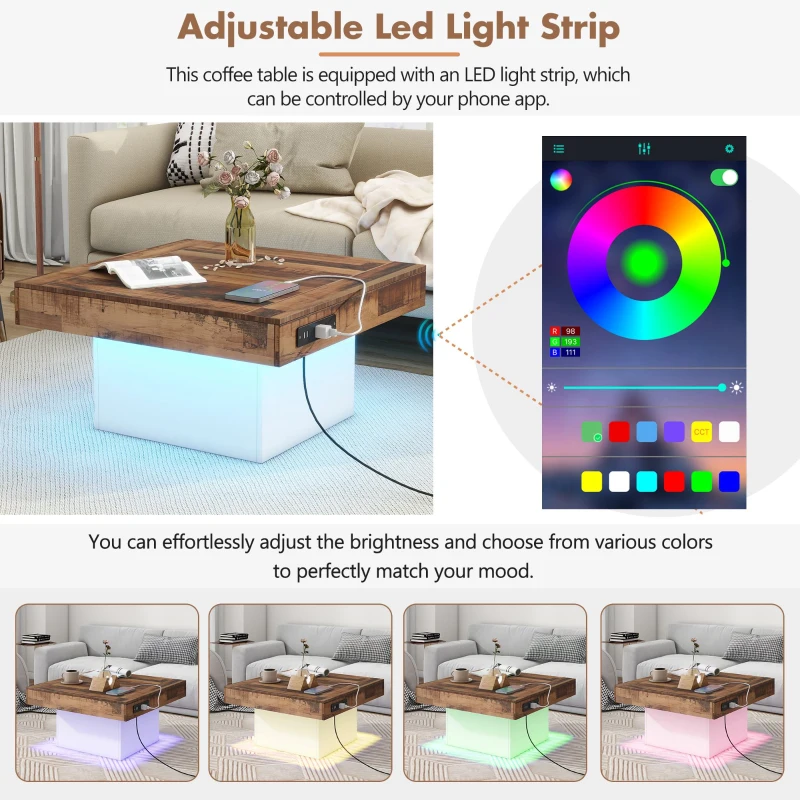 Farmhouse Wood Coffee Table with 2 USB Ports and Outlets, LED Light, Anti-Slip Foot Pads, Spliced Wood Grain, 31.5" L x 31.5" W x 16.5" H, White