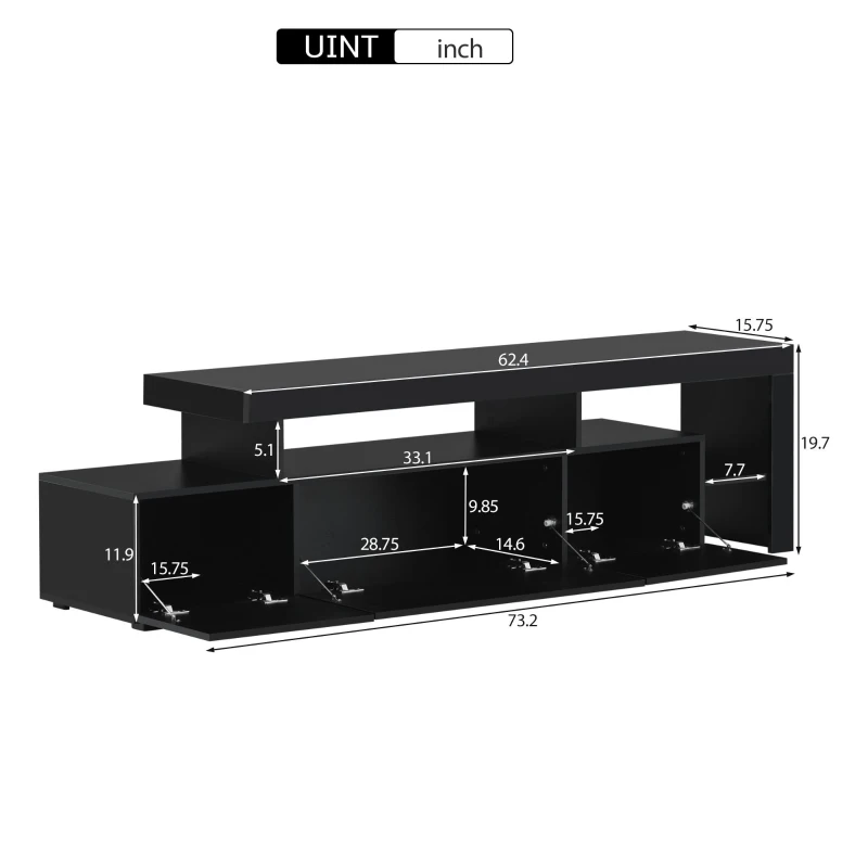 Vinsetto Modern 16-Color LED TV Stand Fits Up to 70" TV, High Gloss Entertainment Center with DVD Shelf, 73" L x 15.5" W x 19.5" H, Black