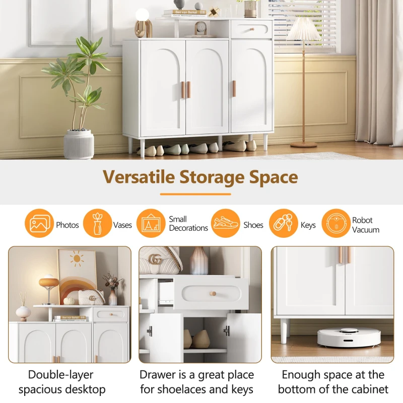 Elegant Shoe Cabinet with Arched Doors and Drawer, Adjustable Shelves, Solid Wood Legs, 47.5" L x 14.5" W x 43.5" H, White