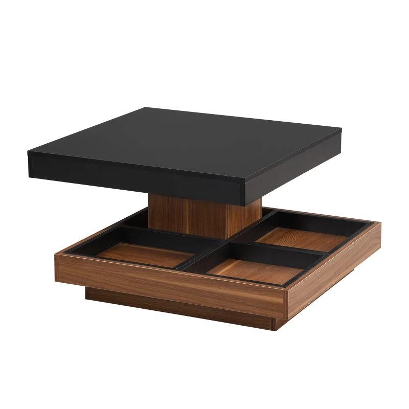 Square 360° Rotating Wood Coffee Table with 3 Detachable Trays, Storage Table for Living Room, 27.5" L x 27.5" W x 14" H, Black+Dark Walnut