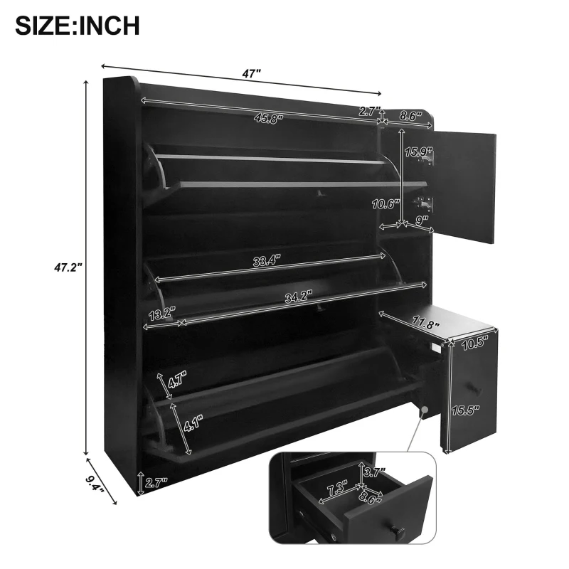 Vinsetto Versatile Shoe Cabinet with 3 Flip Drawers, Pull-Down Seat, Adjustable Shelves, and Maximum Storage, 47" L x 9.5" W x 47.5" H, Black