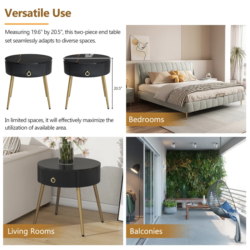 Set of 2 Modern End Tables with Storage, Faux Marble Tabletops, Fluted Panels, and Golden Legs, 19.5" L x 19.5" W x 20.5" H, Black+Gold