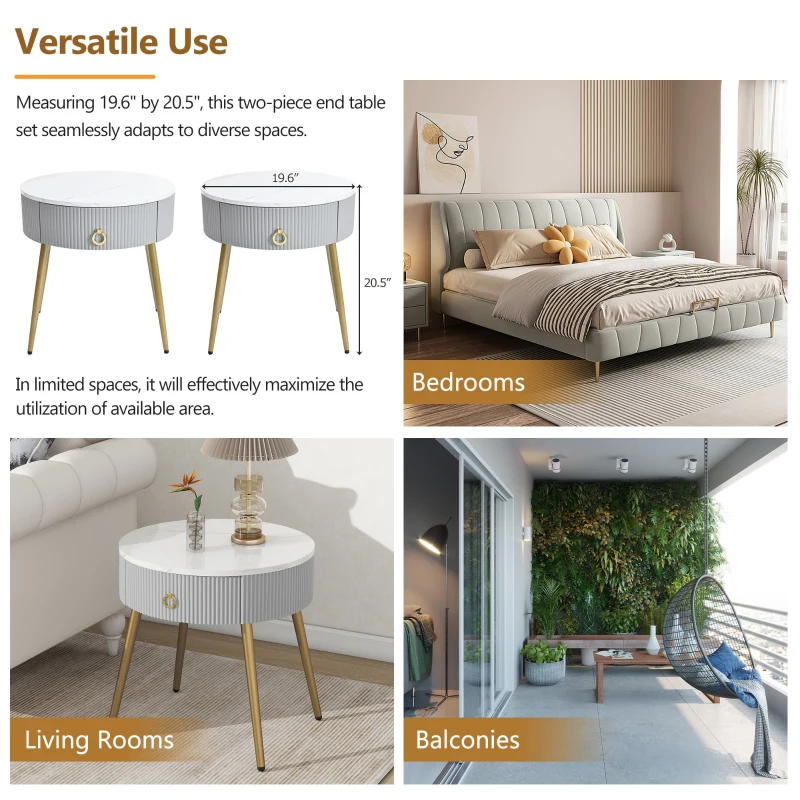 Set of 2 Modern End Tables with Storage, Faux Marble Tabletops, Fluted Panels, and Golden Legs, 19.5" L x 19.5" W x 20.5" H, Grey+Gold