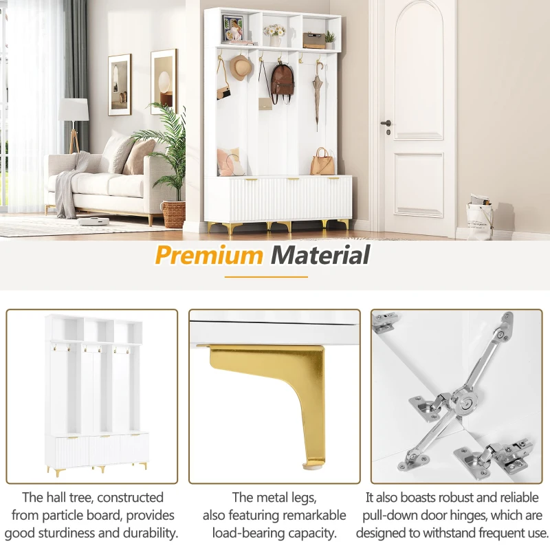 Modern Hall Tree with Bench, High Gloss Fluted Doors, 6 Gold Hooks, and Storage Cubbies, 49.5" L x 15.5" W x 75.5" H, White+Gold