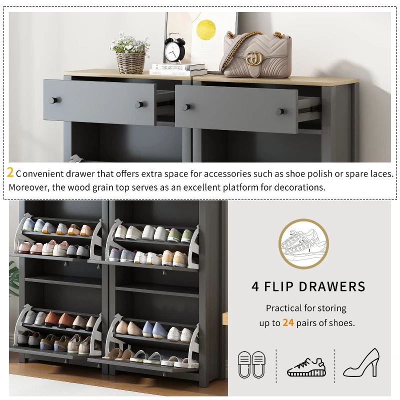 Modern Slim Shoe Cabinet Set with 4 Flip Drawers, Wood Grain Pattern Top, Adjustable Panels, Shoe Rack for Hallway, Gray