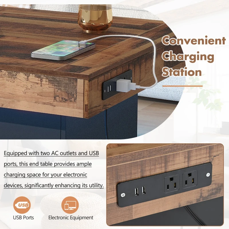 Farmhouse Wood Coffee Table with 2 USB Ports and Outlets, LED Light, Anti-Slip Foot Pads, Spliced Wood Grain, 31.5" L x 31.5" W x 16.5" H, Black