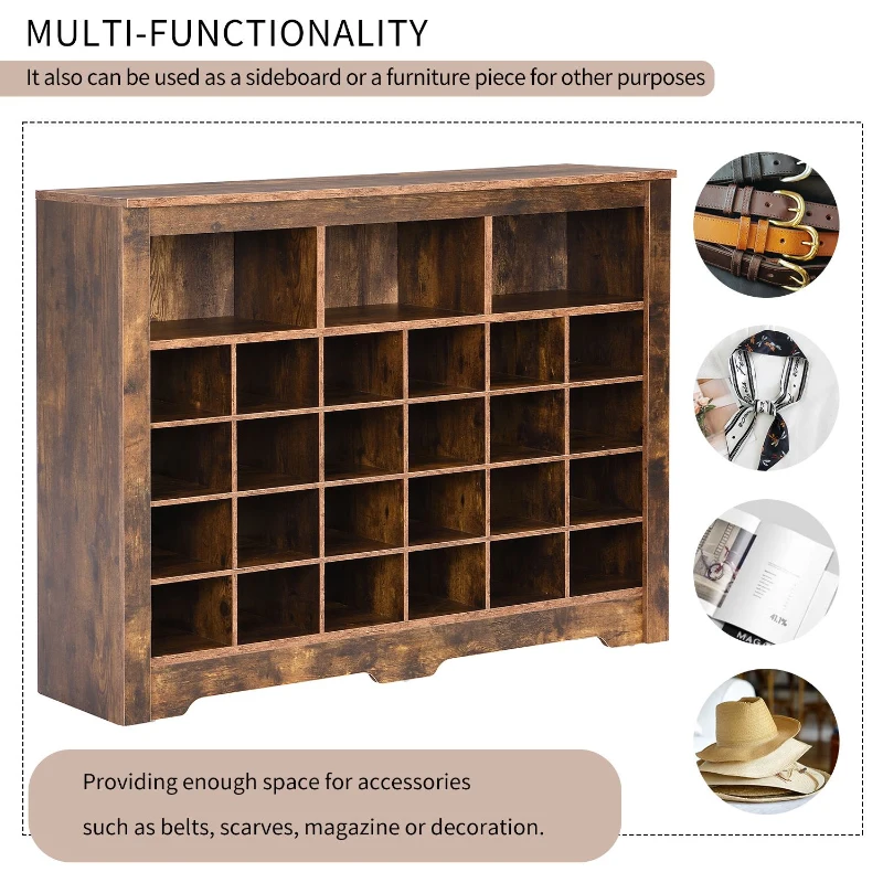 Modern Shoe Cabinet with 24 Cubbies, Versatile Sideboard, Sleek Design, Particle Board, 45.5" L x 13" W x 35" H, Rustic Brown
