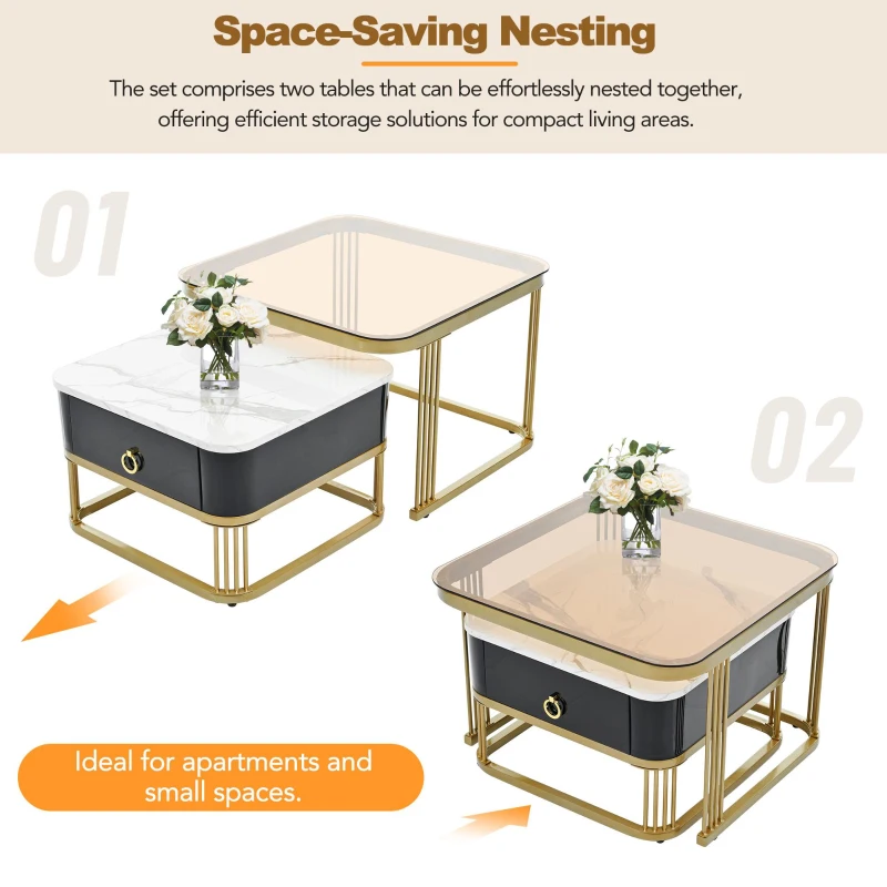 Nesting Coffee Table Set of 2 with Drawer, Brown Tempered Glass and High Gloss Marble Grain Tabletop, 24" W x 24" D x 16.5" H, Black+Gold