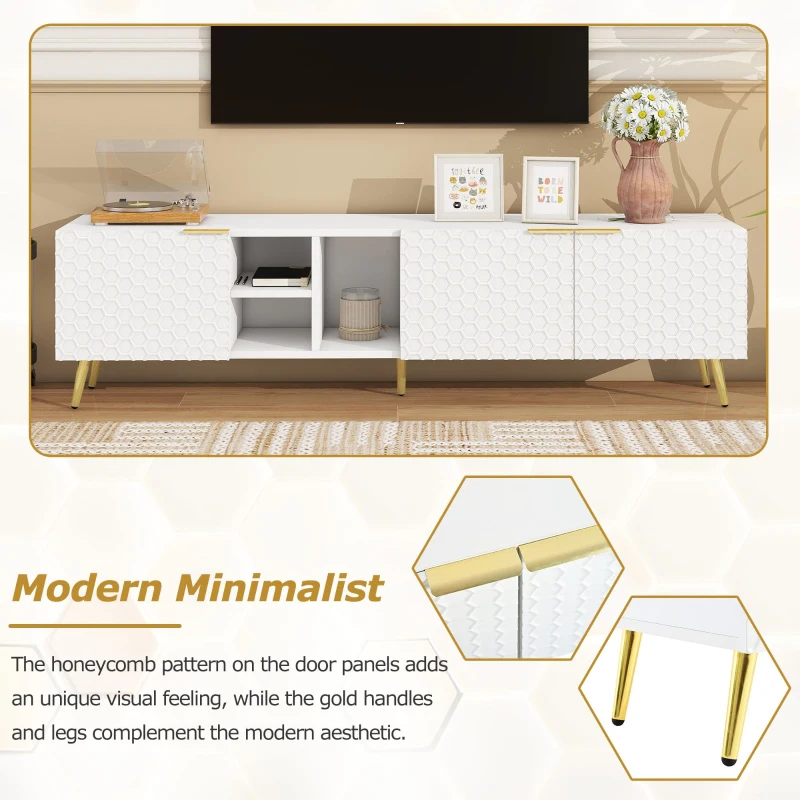 Vinsetto Modern Minimalist Geometric TV Stand with Metal Handles and Gold Legs, Fits TVs Up to 80", Multi-functional TV Stand with Storage Cabinets, White+Gold