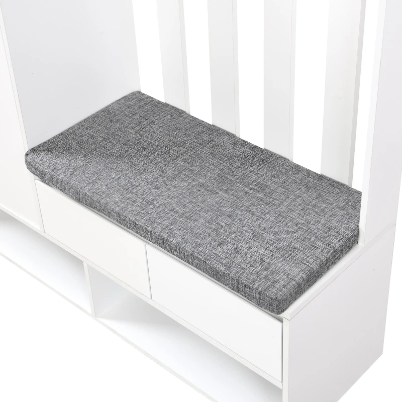 Contemporary Hall Tree with Cushioned Storage Bench, Multifunctional Coat Rack Stand, with Pegboard and 4 Hooks, 39.5" L x 12" W x 71" H, White