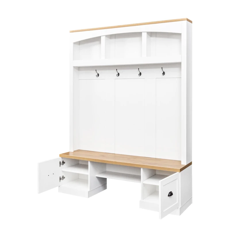 Farmhouse 4-in-1 Hall Tree with Bench and Adjustable Shelves, Multifunctional Storage Coat Rack with Hooks, 55" L x 16.5" W x 73.5" H, White