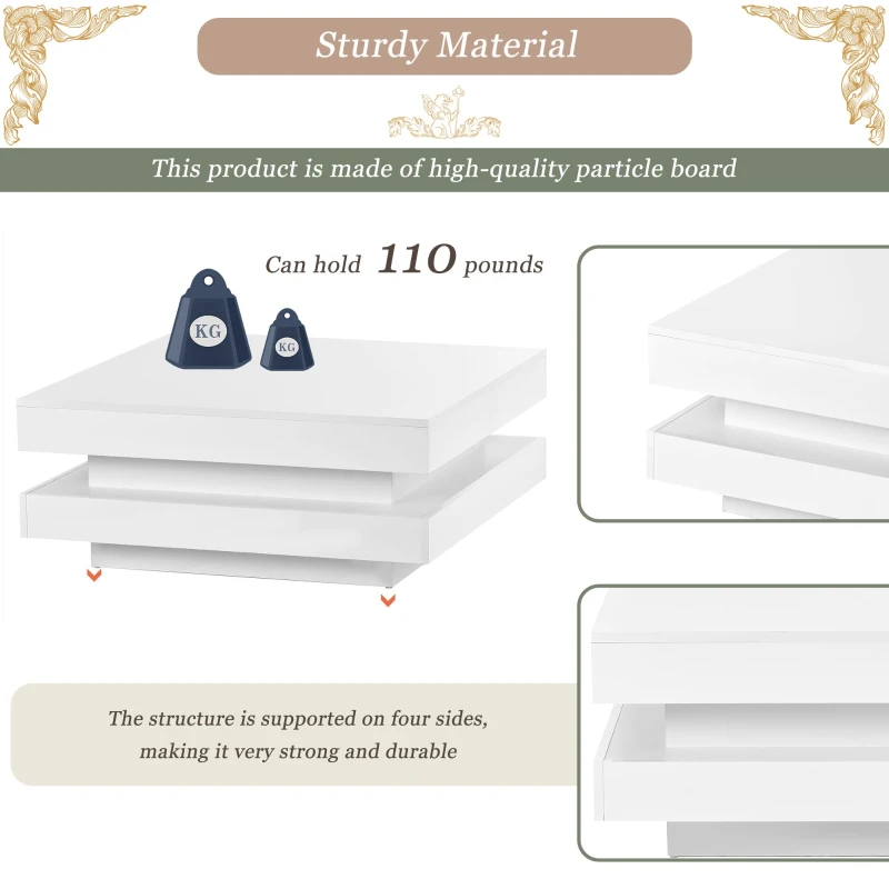 Vinsetto High Gloss Minimalist Coffee Table with LED Lights, 2-Tier Square Center Table for Living Room, 31.5" L x 31.5" W x 14" H, White