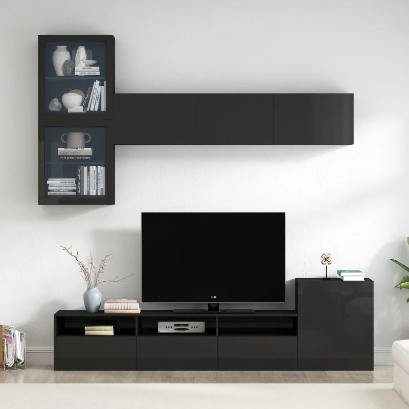High Gloss TV Stand for TVs Up to 78" with Ample Storage, Media Console, Wall Mounted Floating Cabinets, 93" L x 15" W x 26" H, Black