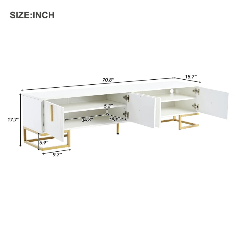 Vinsetto Modern TV Stand with Metal Legs and Gold Handles for TVs Up to 80", Media Console Table with Cabinets and Adjustable Shelves, White+Gold