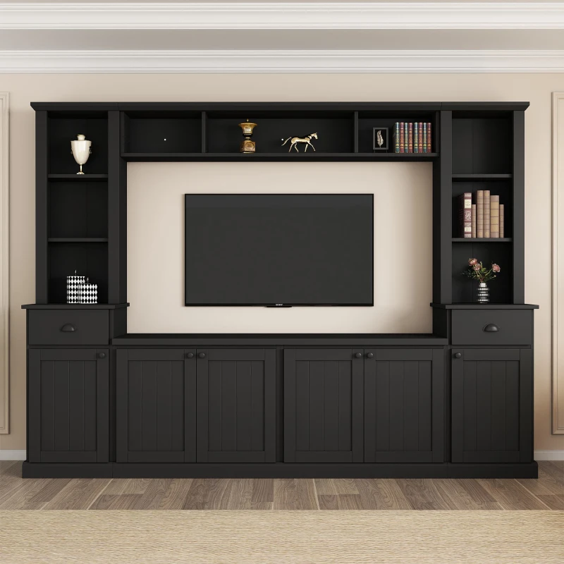 Minimalist Storage TV Stand for TVs Up to 75" with Adjustable Shelves, Entertainment Wall Unit Set for Living Room, 103" L x 15" W x 77" H, Black