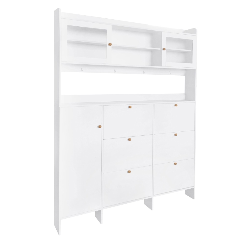 Multifunctional Shoe Cabinet with Storage Shelf, 6 Drawers, 4 Hooks and Tempered Glass Doors, Modern Hall Tree, 62" L x 7" W x 82" H, White