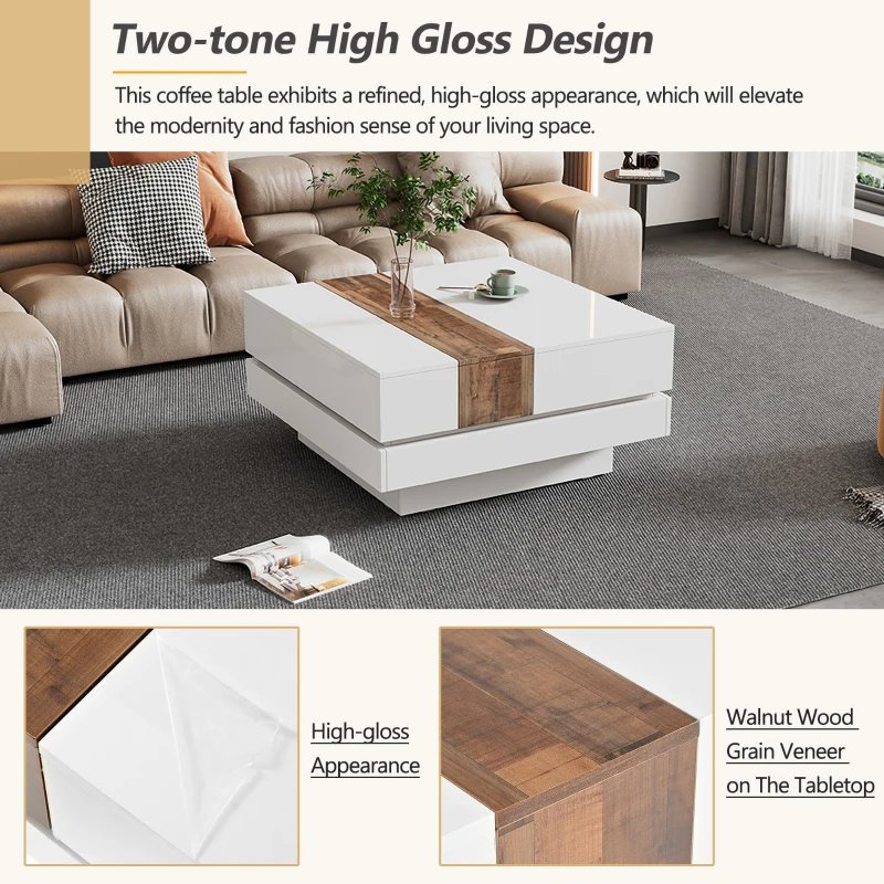 Vinsetto 31.5'' Square Coffee Table with Sliding Tabletop, High Gloss Finish, Hidden Storage Compartment, Extendable to 45.5'', White