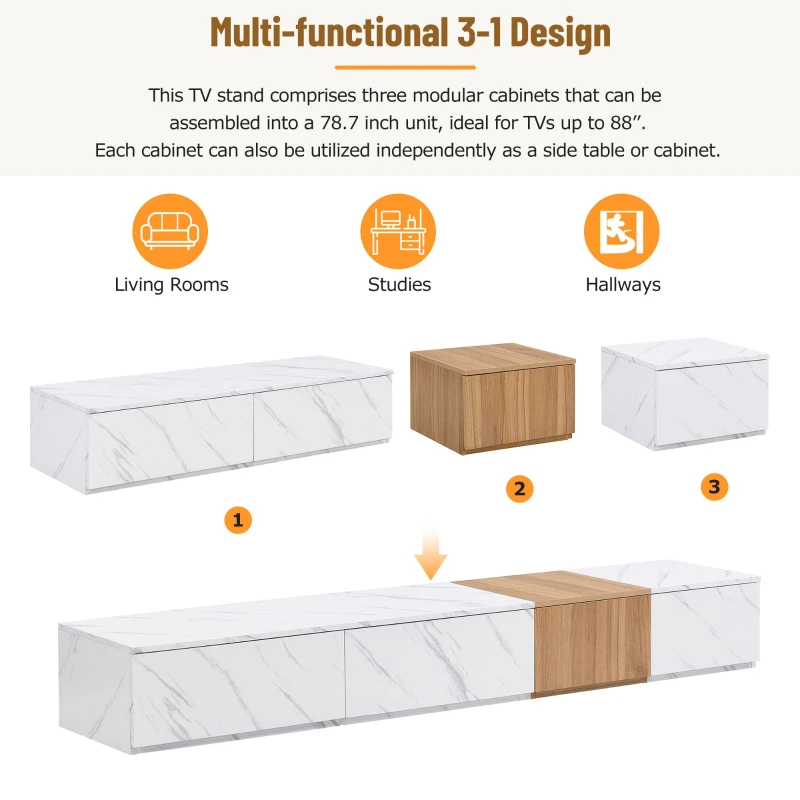 Vinsetto TV Stand with Faux Marble and Walnut Finish, Modular Entertainment Center for TVs up to 88", 4 Storage Drawers, White