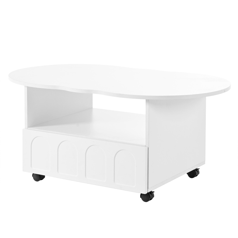 Vinsetto Coffee Table with Cloud Top, 2 Brake Wheels, Drawer, and Large Storage, 39.5" L x 23.5" W x 17.5" H, White