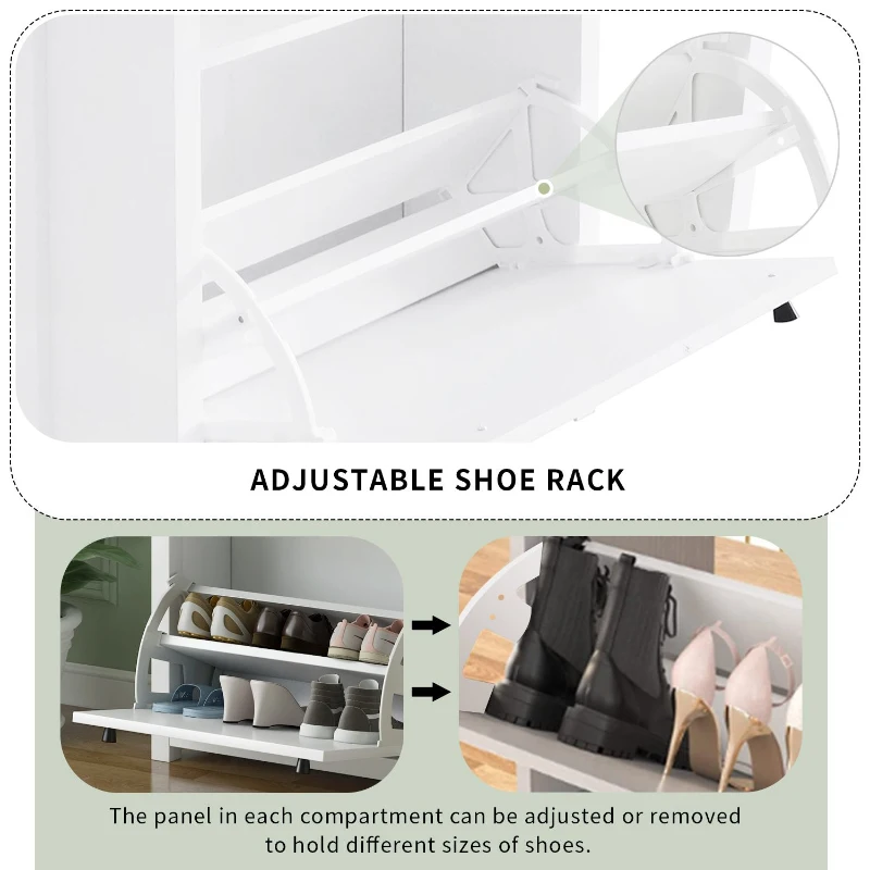 Functional Shoe Cabinet with 2 Flip Drawers, Adjustable Shoe Rack, Wood Grain Top, and Extra Storage, 24" L x 9.5" W x 47.5" H, White