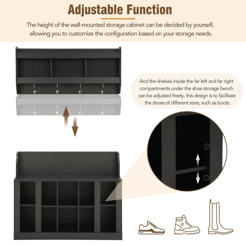 Shoe Cabinet Storage with Shelves and 4 Hooks, Elegant Hall Tree with Wall Mounted Coat Rack, Entryway Organizer for Hallway, Mudroom, Black