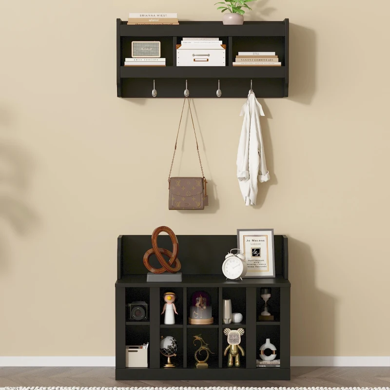 Shoe Cabinet Storage with Shelves and 4 Hooks, Elegant Hall Tree with Wall Mounted Coat Rack, Entryway Organizer for Hallway, Mudroom, Black