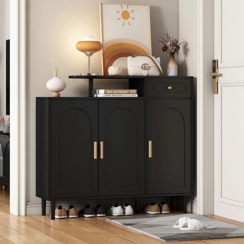 Elegant Shoe Cabinet with Arched Doors and Drawer, Adjustable Shelves, Solid Wood Legs, 47.5" L x 14.5" W x 43.5" H, Black