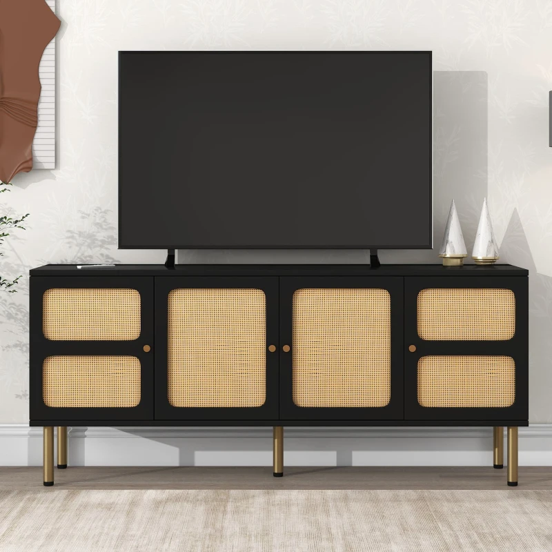 Vinsetto Boho Style TV Stand for TVs Up to 70" with Rattan Door, Media Console Table, Metal Base, Country Style Sideboard, 65" L x 17" W x 28" H, Black