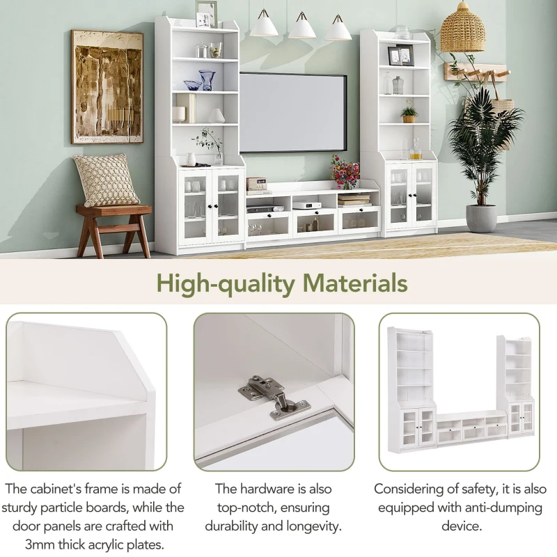 Vinsetto Modern Multifunctional TV Stand Set for TVs Up to 65" with Acrylic Board Door, Tall Cabinets, Chic Elegant Entertainment Wall Unit, White