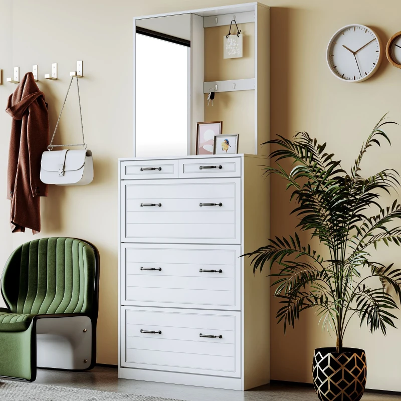 Vinsetto Multi-functional Shoe Cabinet with 3 Flip Drawers, Hall Tree with Mirror and 6 Hanging Hooks, Freestanding Entryway Organizer, White