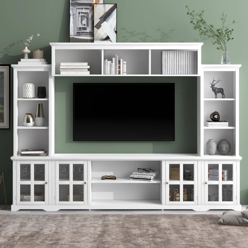 Modern Multifunctional TV Stand for TVs Up to 70" with Glass Door and Bridge, Minimalism Entertainment Wall Unit, 104" L x 15" W x 78.5" H, White
