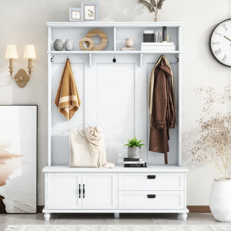 Modern Hall Tree with Storage Cabinet and 2 Large Drawers, Wide Mudroom Bench with 5 Coat Hooks, 59" L x 16" W x 80.5" H, White