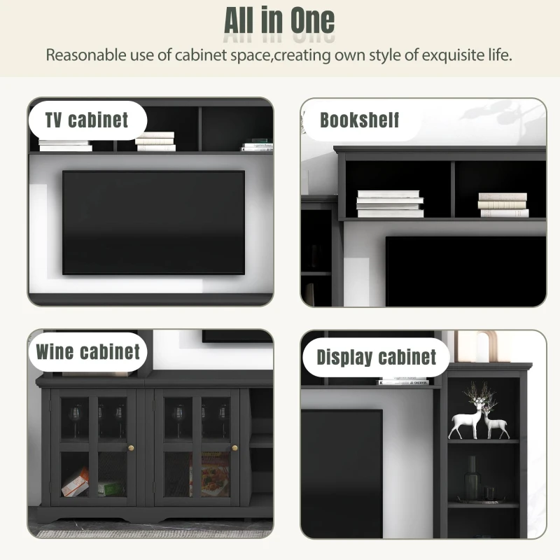 Modern Multifunctional TV Stand for TVs Up to 70" with Glass Door and Bridge, Minimalism Entertainment Wall Unit, 104" L x 15" W x 78.5" H, Black