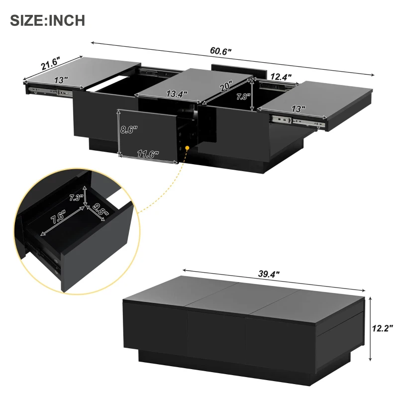 Vinsetto Coffee Table with Hidden Storage, Extendable Cocktail Table with Drawers, Sliding Top for Living Room, 39.5" L x 22" W x 12.5" H, Black
