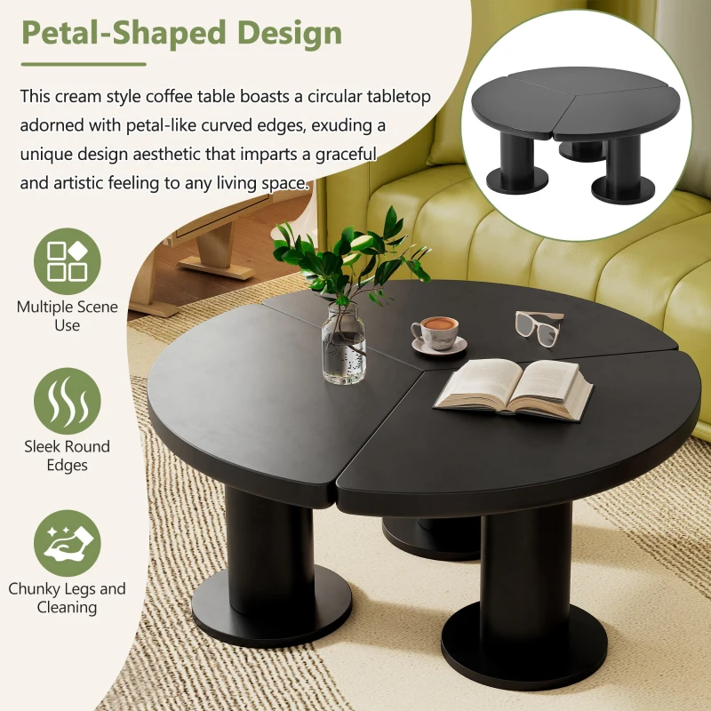 Round Petal-Shaped Coffee Table with Thick Legs and Sleek Edges, Minimalist Design, 39.5" Diameter, Easy Assembly, Black