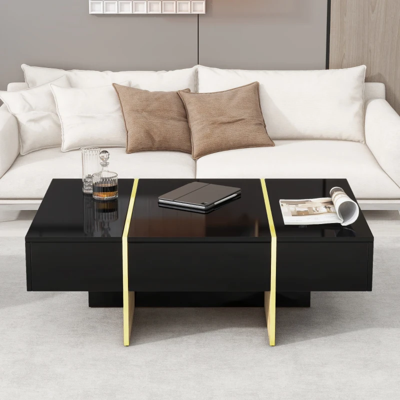 Minimalist High Gloss Coffee Table with 2 Drawers, Storage Rectangle Sofa Table, with Golden Wood Legs, 47" L x 31.5" W x 15.5" H, Black