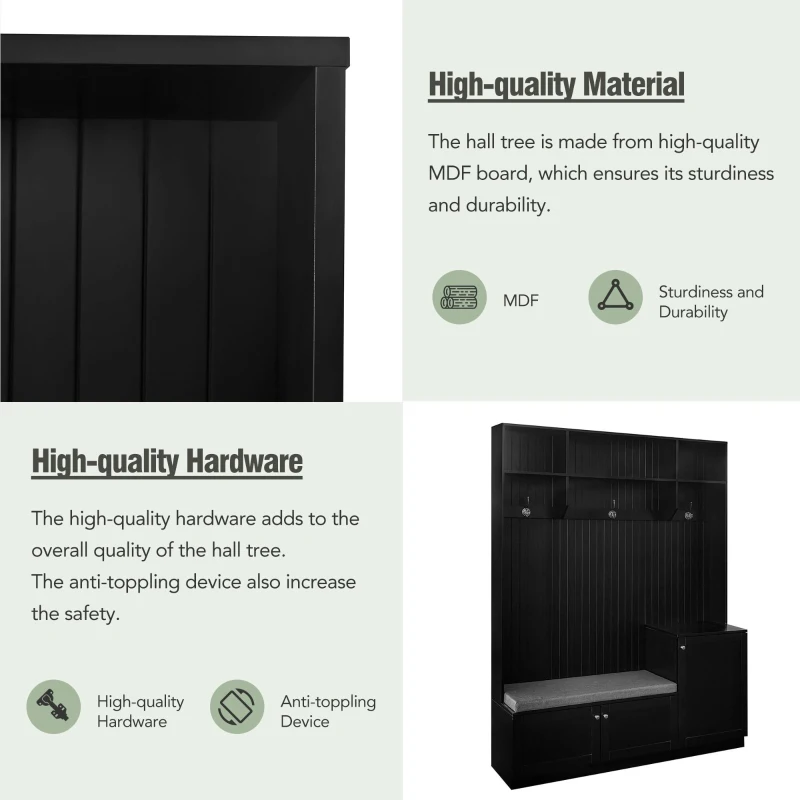 Vinsetto Elegant Hall Tree with Bench and Cushion, Modern Coat Rack with Hooks, Shoe Cabinet Storage, 59" L x 15.5" W x 78.5" H, Black