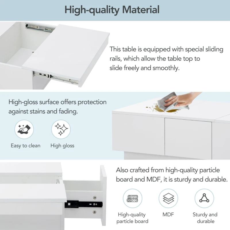 Coffee Table with Hidden Storage, Extendable Cocktail Table with Drawers, Sliding Top for Living Room, 39.5" L x 22" W x 12.5" H, White
