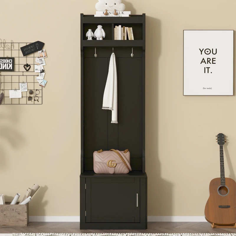 Vinsetto Minimalist Slim Hall Tree with Cabinet & 6 Hanging Hooks, Multi-functional Storage, Elegant Foyer Cabinet for Hallway, Living Room, Black