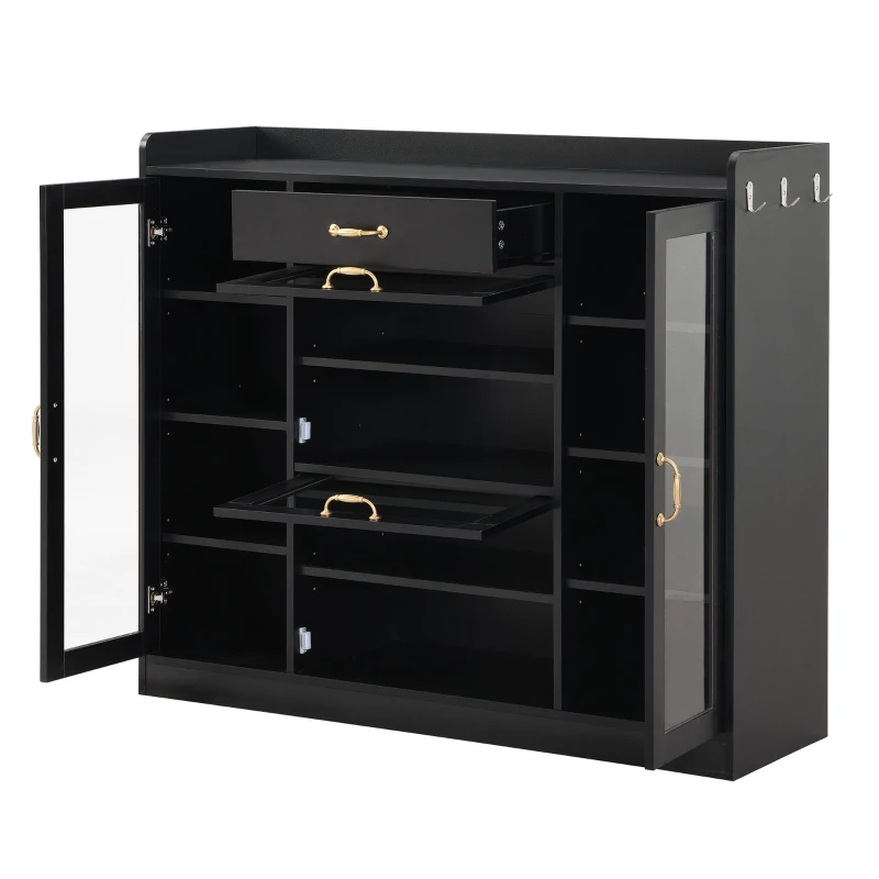 Vinsetto Modernist Side Storage Cabinets with 4 Glass Doors & 3 Hooks, Freestanding Shoe Rack with Adjustable Shelves, Gold Handles, Black