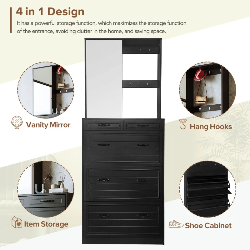 Vinsetto Multi-functional Shoe Cabinet with 3 Flip Drawers, Hall Tree with Mirror, Freestanding Entryway Organizer with 6 Hanging Hooks, Black