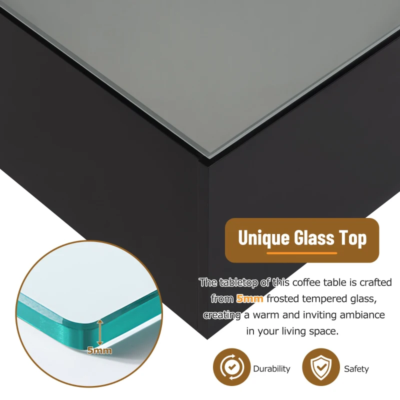 Square High Glossy Coffee Table with 16-Color LED Strip Lights, 0.2'' Glass Top, Modern Center Table for Living Room, 27.5" L x 27.5" W x 14" H, Black