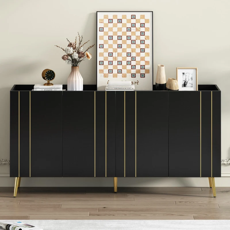 Storage Shoe Cabinet with 5 Metal Legs, Gold Lines Doors, Minimalist Sideboard Cabinet, Modern TV Stand, 63" L x 15" W x 31.5" H, Black