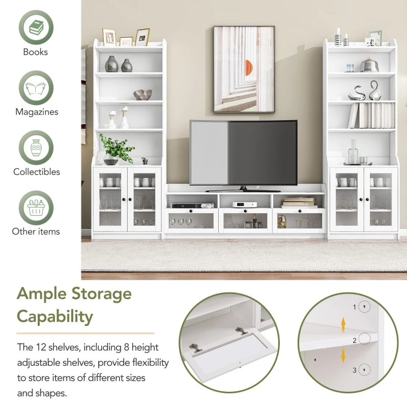 Vinsetto Modern Multifunctional TV Stand Set for TVs Up to 65" with Acrylic Board Door, Tall Cabinets, Chic Elegant Entertainment Wall Unit, White