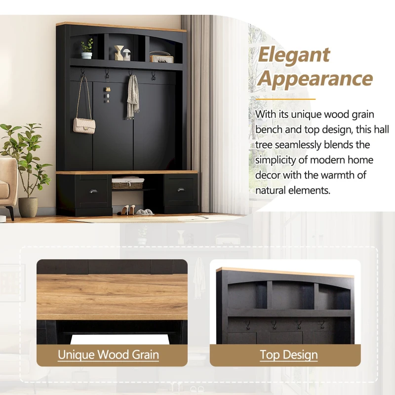 Farmhouse 4-in-1 Hall Tree with Bench and Adjustable Shelves, Multifunctional Storage Coat Rack with Hooks, 55" L x 16.5" W x 73.5" H, Black